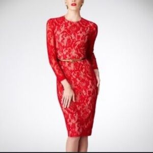 Maggy London red lace pattern lined dress| long sleeve & midi length
